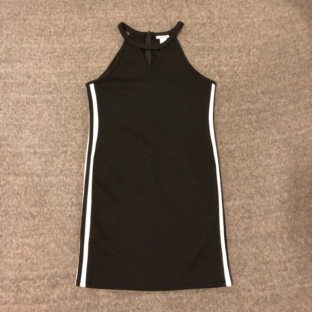black high neck dress with stripes